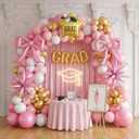 Pink and White Gold Grad Balloon garland arch kit 140pcs With Large Gold pink Star Bow balloons for 2025 graduations decorations Prom girl's birthday party supplies