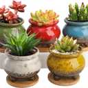 TOPZEA 5 Pack Succulent Pots Planter, 3.8 Inch Tripod Glazed Ceramic Cactus Planter Round Plant Bonsai Container Small Garden Pot with Drainage Hole & Bamboo Saucer for Desktop, Windowsill