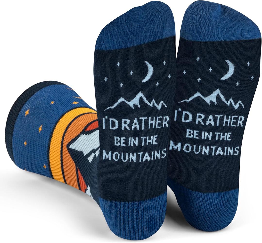 Lavley Outdoors Socks - Hiking and camping gifts for men and women - Great for nature lovers - Holiday or birthday gift (One Size, Id Rather Be in the Mountains)