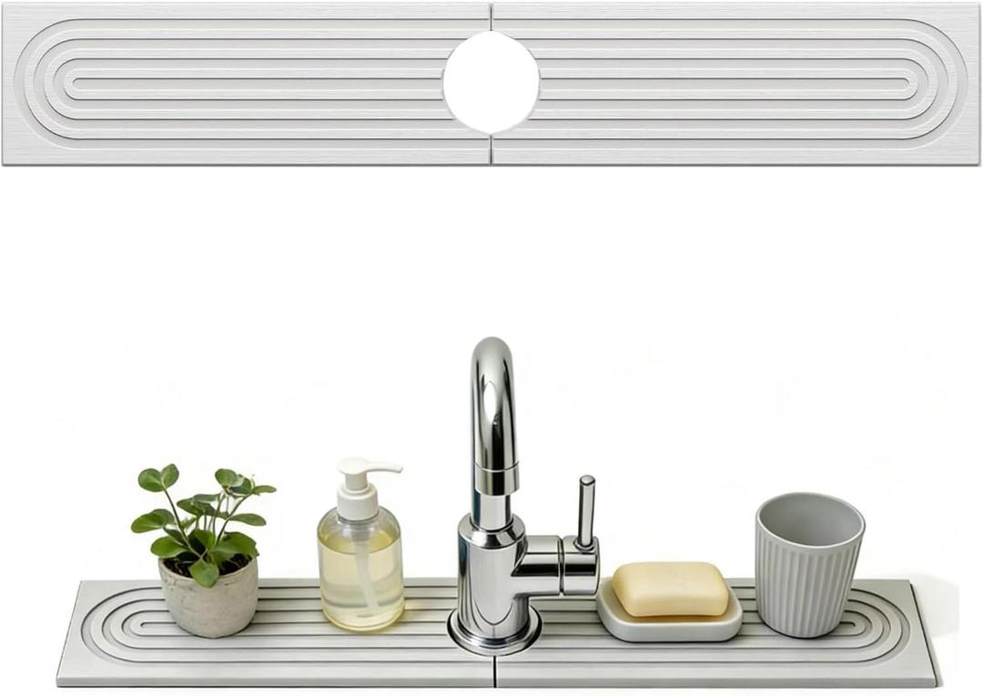 Stone Faucet Mat for Kitchen Sink - Sink Stone Quick Dry Around Faucet Splash Guard Prevent Moisture for Kitchen Bathroom Counter (23.6 "x 3.9, White)