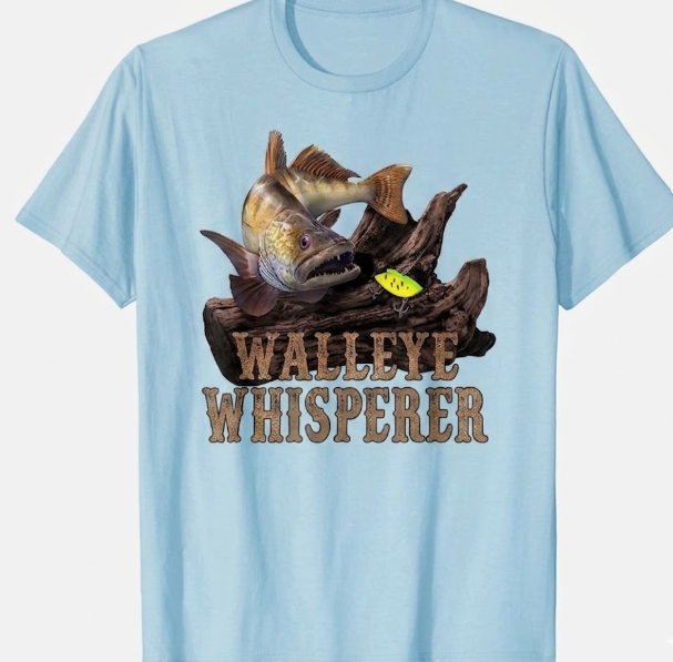 Large Walleye with Fishing Lure Drawing: Walleye Whisperer T-Shirt, Blue, Size M