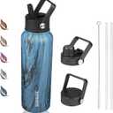 BJPKPK Insulated Water Bottles with Straw Lid, 40oz Stainless Steel Water Bottles with 3 Lids, BPA Free Leakproof Thermo, Tumblers, Cups for Sports- Wood Prussian Blue