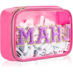Empty Mahjong Tile Bag American PVC Clear Mahjong Case Size 166 Waterproof Zippered Storage Tile Holder Rack Bag for Game Lover Gift Travel, Case Only (Hot Pink,Mahj)