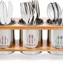 Lyellfe Silverware Holder for Countertop, Stainless Steel Cutlery Utensil Organizer with Bamboo Stand, Flatware Holder for Spoon, Fork, and Knife