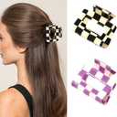 YUEELI 2 PCS Checkered Hair Claw Clips for Thin and Medium Fine Hair, Rectangle Hair Clips Y2K Hair Barrettes 90s Hair Accessories for Women, Black and Purple, Set of 4
