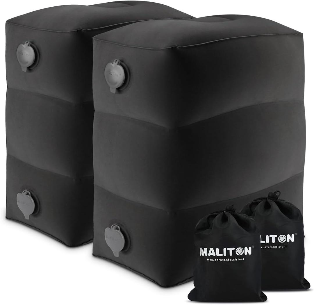 Maliton Inflatable Foot Rest Pillow, Airplane Travel Bed for Toddler, Car Seat Foot Rest for Kids, Adjustable Height Leg Rest Pillow for Airplane, Home, Office(Black, 2 Pack)