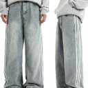 Men's Baggy Vintage Jeans Loose Fit Denim Pants with Stripes on The Side Relaxed Skateboard Denim (S)