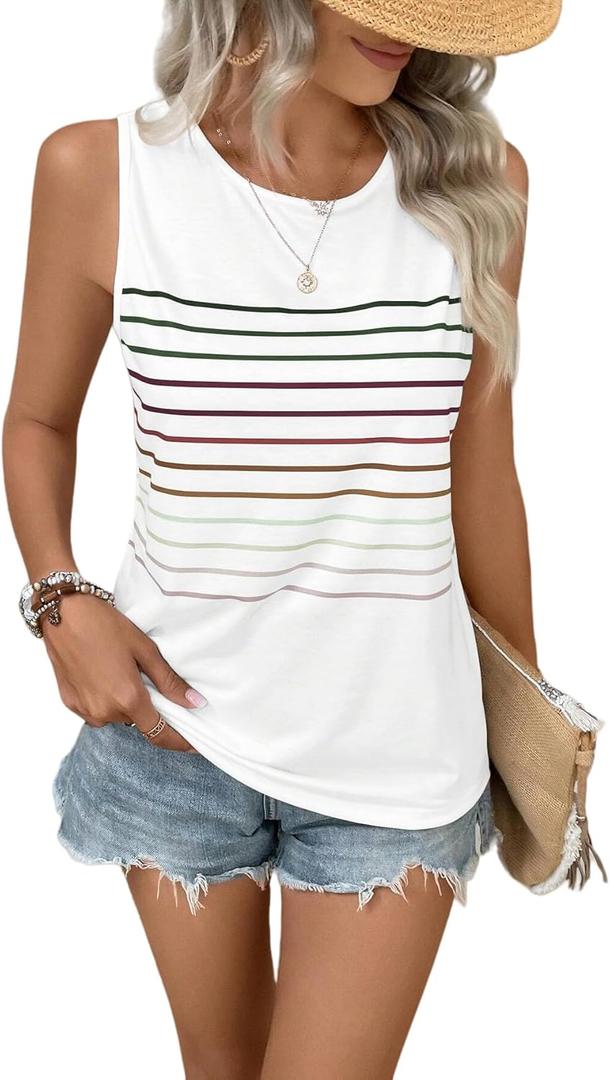 EyMuse Tank Tops for Women Summer Striped Sleeveless Tee Loose Casual Crewneck Shirts 2026 Fashion Beach Vacation Clothes (Medium, White)