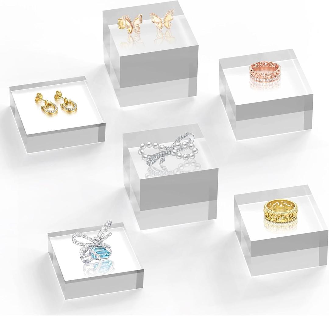 Acrylic Base Stand 6 Pack 3 X 3 Inch Acrylic Blocks for Display Trophy Base Clear Square Cube Riser Display Cylinder Pedestal Stands for Collectibles Jewelry Props Food Display 3 Size