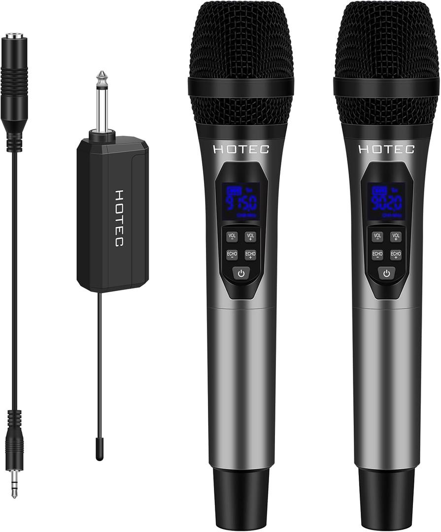 HOTEC Wireless Microphones, Professional UHF Microphone System Dynamic Microphones with Echo/Volume Control & Rechargeable Receiver for PA System, Karaoke Machine, Mixer, Speech, Wedding, Church