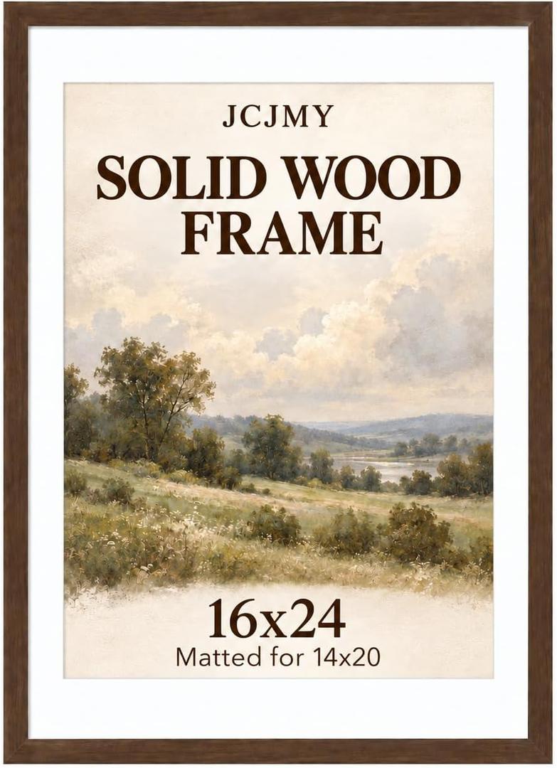 JCJMY 16x24 Solid Wood Picture Frame with 14x20 Mat, Walnut Finish 16 by 24 Photo Frame with Shatter Resistant Plexiglass, Display 14 x 20 with Mat or 16 x 24 without Mat, Wooden Frame for Wall or Tabletop Display, Walnut, 1 Pack