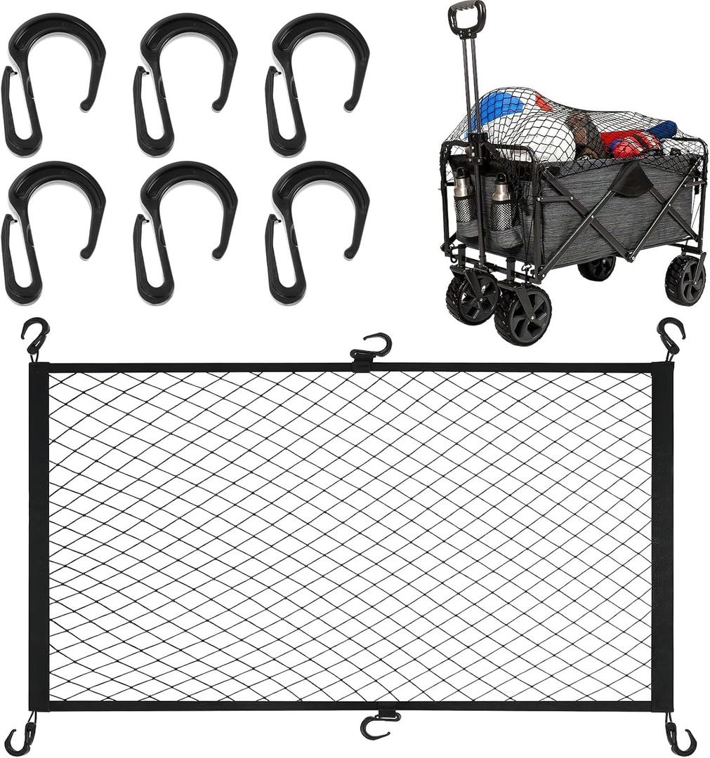Heavy-Duty Cargo Net for Collapsible Wagons | 35"x24" Stretchable Mesh with 6 Steel Hooks | Universal Fit for Beach Carts & Garden Utility (Black)