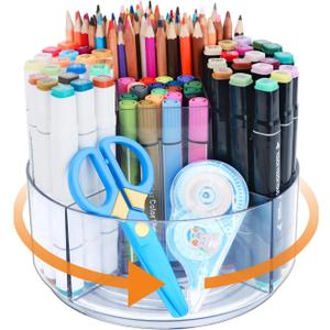 Pencil Holder for Desk, 360-Degree Rotating Pen Marker Crayon Organizer, Spinning Acrylic Desk Pen Organizer Storage, 5 Slots Large Capcaity Caddy for Home Office School Kids Art Supplies (Diameter 6.9")