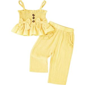 Toddler Baby Girl Clothes Summer Outfits Cute Bow Button Ruffle Camisole Pants Set 18-24 Months
