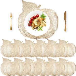 Sliner 12 Pack Thanksgiving Pumpkin Placemats 17 x 16 Inch Vinyl Metallic Pressed Fall Autumn Table Mat Decorations Farmhouse Harvest Pumpkins Round Placemats for Party Kitchen Dinning (Gold)