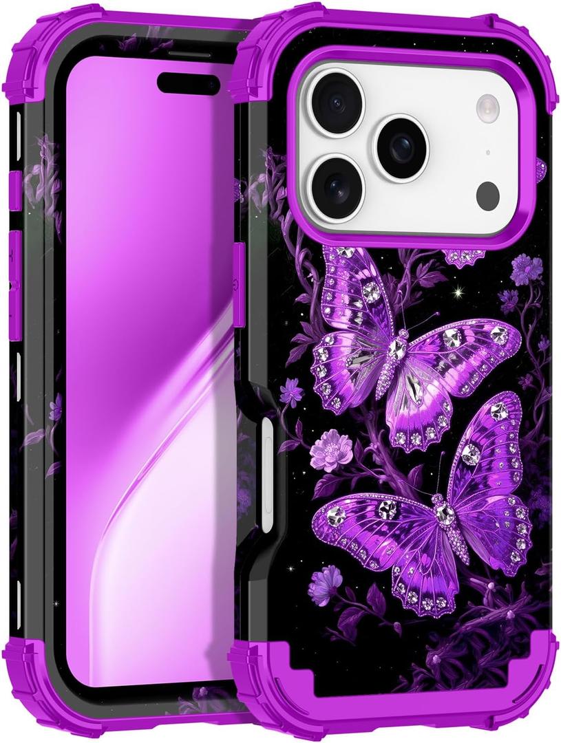 LONTECT for iPhone 17 Pro Max Case 3 in 1 Shockproof Heavy Duty Rugged Hard PC+Soft Silicone Full Body Protective Cover Butterfly Case for Apple iPhone 17 Pro Max 2025, Glow in the Dark Purple