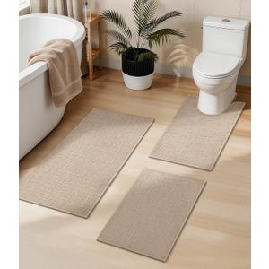 YIHOUSE Bathroom Rugs Sets 3 Piece Beige, Non Slip Bath Mats Sets of 3 Quick Dry, Absorbent Washable Thin Bathroom Rugs Fit Under Door for Elder, Sink, Laundry(16x24+16x24U+16x32in)