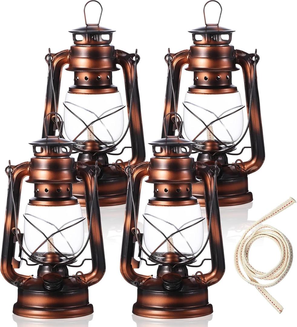 Honoson 4 Pieces Oil Lamp Hurricane Lamp Kerosene Lantern for Indoor Outdoors Decorative Hanging Oil Lantern with Wick for Hiking Emergency Camping Party Decoration(Bronze,10 Inch)