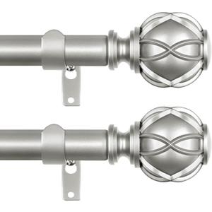 Silver Curtain Rods 2 Pack, New Splicing Rods for Windows 48 to 84 Inch, Single Drapery Rod with Netted Finials, Antique Silver