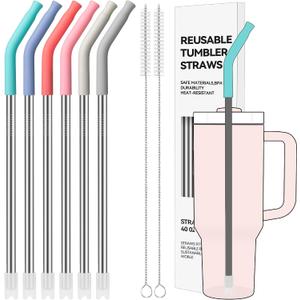 40 oz Straight Metal Straws for 40 oz Stanley Tumbler, 6 Pcs Stainless Steel Reusable Drinking Metal Straw with Colourful Silicone Tips,Straw for Glass Cups, BPA FREE
