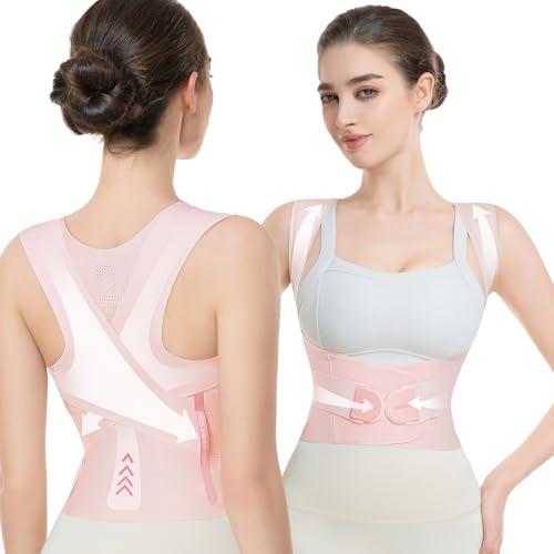 babaka Posture Corrector for Women, Invisible Lightweight Adjustable Back Brace for Upper and Lower Back Pain Relief, Hunchback, Hump, Scoliosis, Thoracic, Spine Corrector Under Clothes (Pink, Large, Waist: 34''-42'')