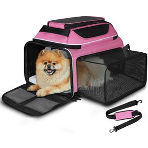 Petskd Top and Side Expandable Pet Carrier 17x11x9.5 Inches Alaska Airline Approved, Soft-Sided Carrier for Small Cats and Dogs with Locking Safety Zippers and Anti-Scratch Mesh(Pink)