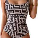 B2prity Womens One Piece Swimsuit Tummy Control Slimming Bathing Suit High Waisted Ruched Swim Suit Color Block Swimwear (Small, Black Labyrinth Print)