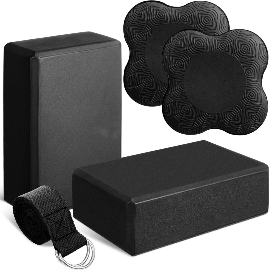 5 Pcs Yoga Blocks Knee Pads Yoga Strap Set Soft Premium Foam Blocks Accessories for Pilates Meditation General Fitness Stability, Kneeling, Balance, Deepen Stretches and Toning (Black)