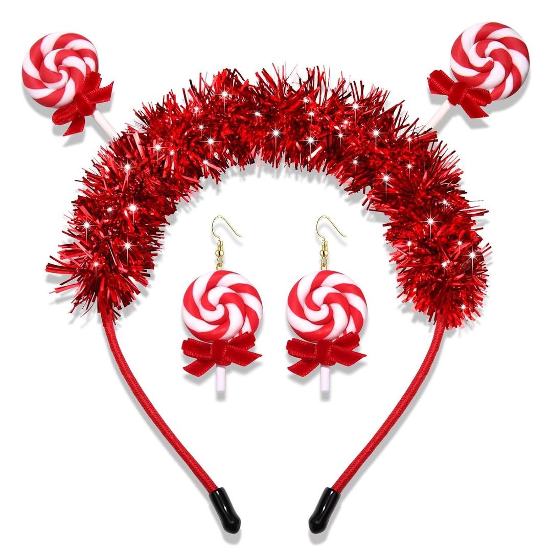 Candy Headbands for Women Christmas Lollipop Headband Dangle Earrings Sweet Candy Hair Accessories Candys Costume Outfits Candy Party Favors Gifts (Red)
