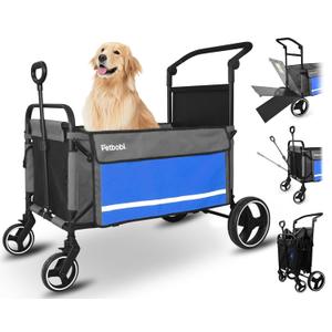 Petbobi Dog Wagon Stroller for Large & Medium Dogs, 2-in-1 Push Pull Pet Cart with Ramp, Foldable Wagon, 360° Swivel Wheels, Adjustable Handles, Safety Leashes, Blue