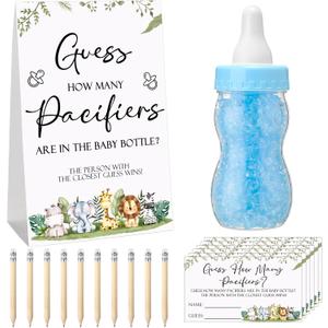 Roowest 512 Pcs Baby Shower Games Guess How Many Pacifiers Sign 100 Small Guessing Games 10 HB Pencils 750ml Milk Bottle 400 Acrylic Pacifiers Decoration for Guest Gender Reveal(Blue,Animal)