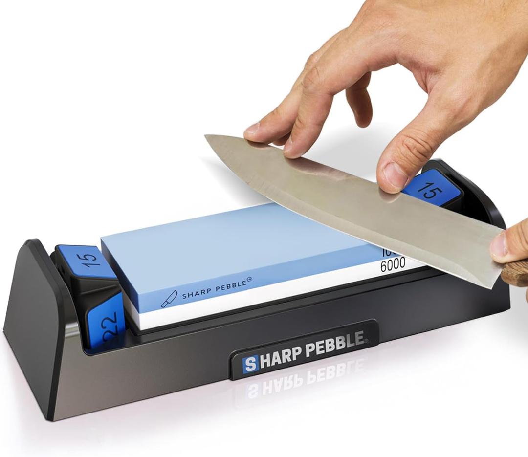 Sharp Pebble Complete Whetstone Knife Sharpening System 1000/6000 Grit Wet Stone Sharpener Kit with Built-In Angle Guides (15/17/20/22) Beginner-Friendly