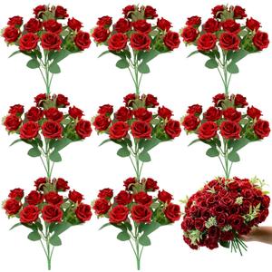 8 Pack Rose Artificial Flowers Bouquet, 10 Small Silk Rose Heads Per Pack, Fake Roses Bunches for Wedding Table Centerpieces Bridal Bouquet Mother's Day Valentine's Day Home Decor, Red