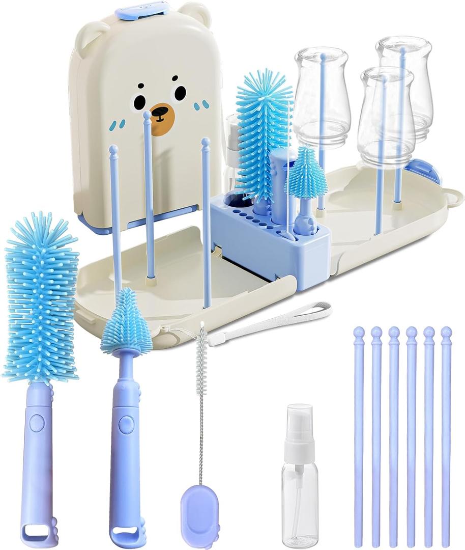 Blue Travel Bottle Cleaner Kit with Drying Rack 6-in-1 Baby Bottle Washer & Silicone Brush Set for Pump Parts, Nipples & Straws Portable Baby Travel Essential in Compact Case