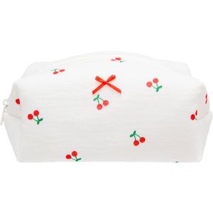 PAZIMIIK Cozy Makeup Bag Small Aesthetic Travel Zipper Cosmetic Pouch for Women Make Up Beauty Accessories Brushes,Cherry White, 8.2 x 4.2 x 3.5-inch