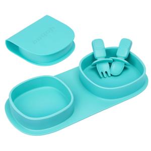 Toddler Plates Travel Essential on the go,Baby Plates with Forks and Spoons Self Feeding 6 months,Foldable,Silicone,BPA Free,Aqua