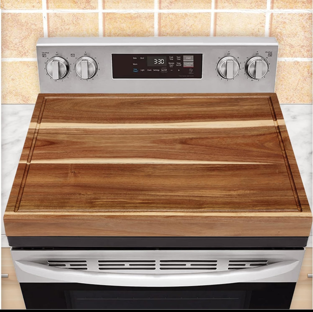 Acacia Noodle Board Stove Cover with Handles, Wooden Stovetop Protector, Versatile Cutting Boards with Groove, Sink Cover, Serving Tray