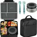 Bento Lunch Box Set for Kids with 8oz Soup Thermo, Leak-Proof Lunch Containers with 4 Compartment, Kids Thermo Hot Food Jar and Insulated Lunch Bag for Kid to School-Black