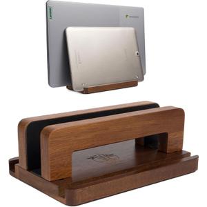 S&A WOODCRAFT 3 Slots Acacia Wood Vertical Laptop Stand, Adjustable Wooden Laptop Holder, Non-Slip Laptop Dock Compatible with Apple MacBook, Microsoft Surface, Gaming Laptops, IPad, Tablets