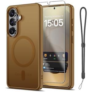 Janmitta Magnetic for Samsung Galaxy S26 Plus Case,with Screen Protector+Wrist Strap,Compatible with MagSafe,Military Grade Drop Protection,Shockproof Slim Translucent Matte Phone Cover,Brown