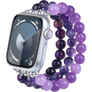 MOFREE Beaded Bracelet Compatible with Apple Watch Band 42mm 44mm 45mm Women, Fashion Handmade Crystal Stone Beads Elastic Stretchy Strap for iWatch Band Series SE 9 8 7 6 5 4 3 2 1 (Dark Purpl)