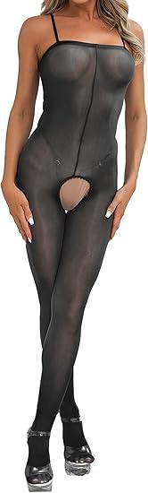 Women's Bodysuits Pantyhose Bodystocking Ultra Shimmery Stretch Toe to Bust Crotchless Body Stocking Lingerie (Black, One Size)  5 Pack
