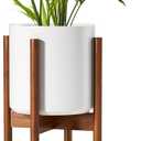 LE TAUCI 10 Inch Planter with Acacia Wood Stand, Ceramic Planter for Indoor Plants with Plant Holder, Mid-Century Modern Home Decor, Round Flower Pots with Drainage Hole, White