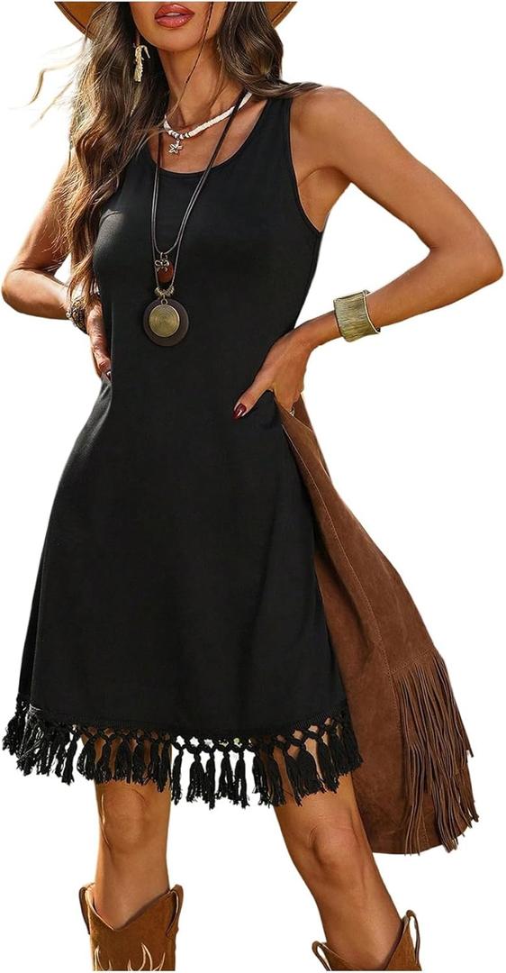 Verdusa Women's Western Fringe Tank Dresses Cowgirl Sleeveless Short Summer Dress Black Medium