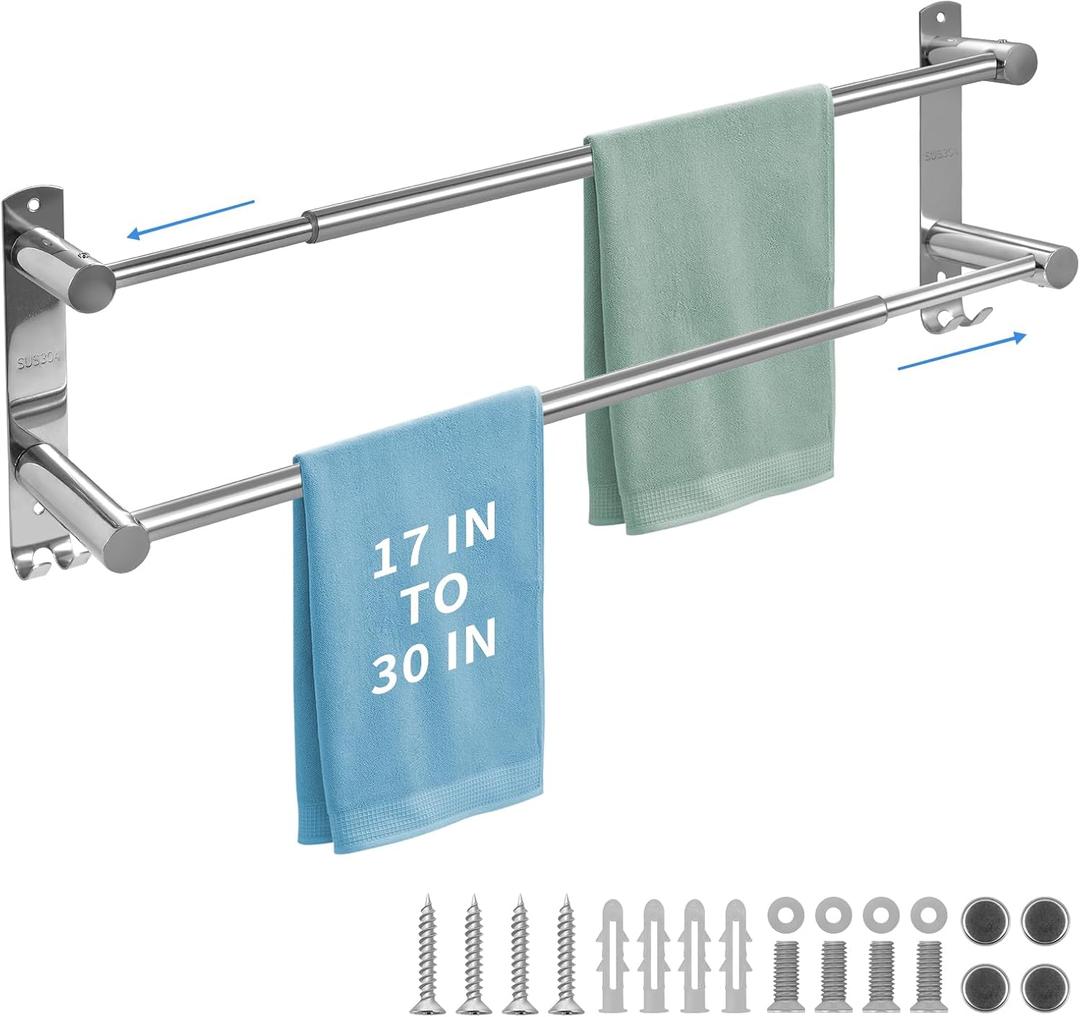 Double Towel Bar, Stainless Steel Adjustable 16 to 28In Double Towel Racks for Bathroom, Double Bath Towel Bar,Applicable to Bathrooms and Kitchens (30X7.09X3.54)