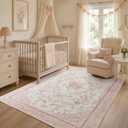 Pink Vintage Floral Area Rug 6x9 for Bedroom, Washable Cute Bow Cottage Core French Country Rose Shabby Chic Rug for Living Room Aesthetic Decor, Blush