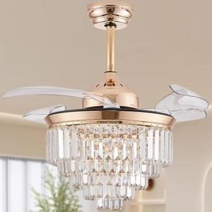 Finktonglan 36" Gold Crystal Flush Mount Fandelier Ceiling Fan with Light, Retractable Blades, Dimmable 72W LED, Remote & App Control, Quiet Reversible Motor, 6 Speeds for Bedroom/Living Room