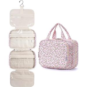 Narwey Hanging Toiletry Bag for Women Travel Makeup Bag Organizer Toiletries Bag for Travel Size Essentials Accessories Cosmetics (Pink Flower (Medium))