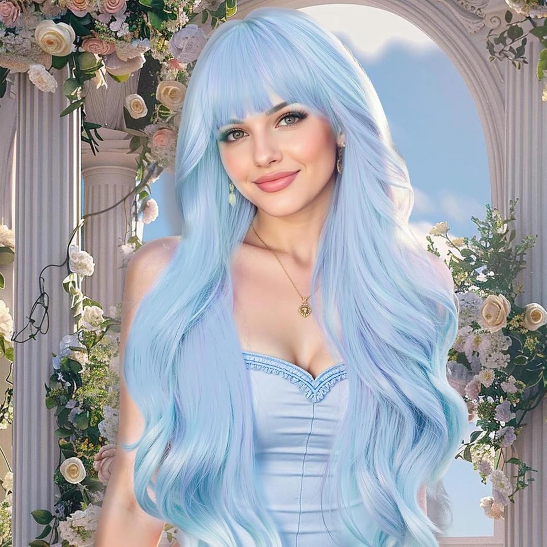 NOSTALGIA Blue Wigs for Women 26 Inch Blue Wig with Bangs Long Wavy Synthetic Heat Resistant Wig for Daily Cosplay Use