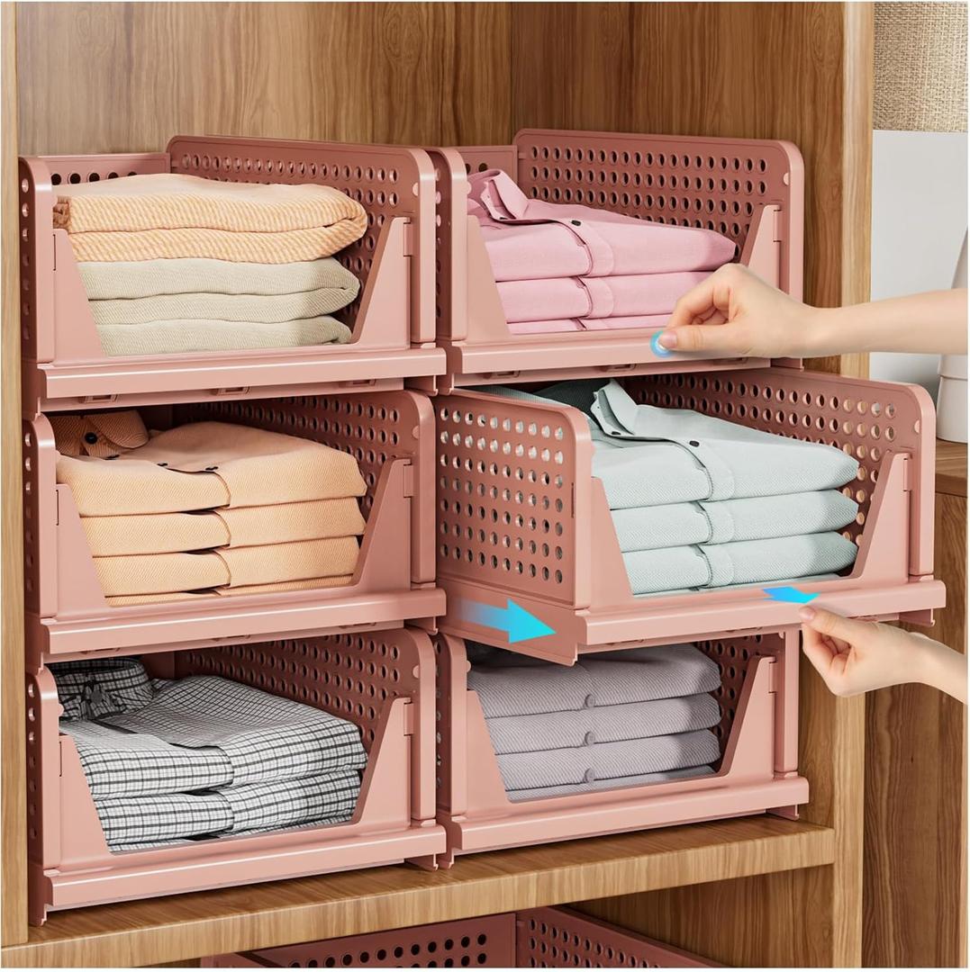 SNSLXH 5 Pack Stackable Closet Organizer Box, Multifunctional & Foldable Closet Storage Basket for Bathroom Kitchen Laundry Room Wardrobe Storage, Space-Saving Clothes Storage Drawer Organizer, Pink